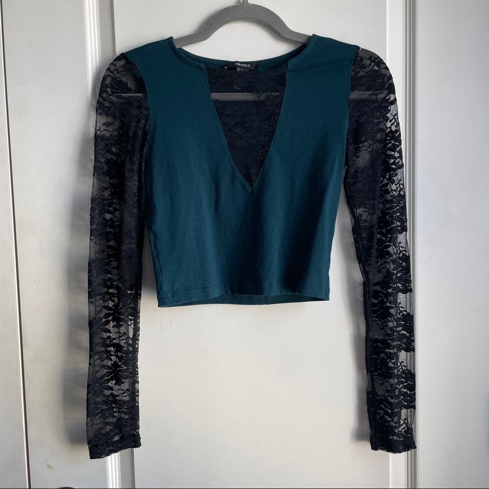 dark teal & black lace crop top